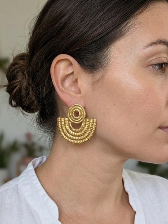 Jewelry - Stainless Steel Gold Textured Geometric Fan Drop Earrings
